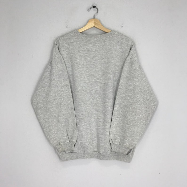 May include: A gray sweatshirt with long sleeves and a crew neck.