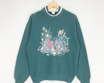 vintage soleil du matin floral oiseau vert sweat moyen soleil du matin soleil fleurs oiseau pull graphique soleil du matin Nature Art pull taille M