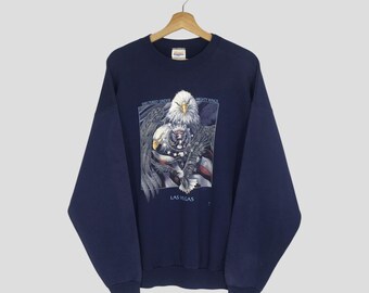 Sudadera azul vintage de los 90 con águilas calvas, talla XL. Estampado de águilas y hábitat de aves. Sudadera con cuello redondo de Las Vegas.