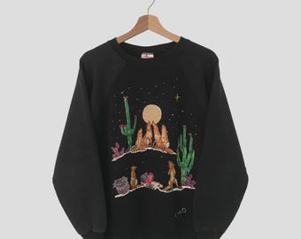 Vintage jaren 90 Hanes grafische huilende wolf zwart sweatshirt grote wolf dier Wildlife jacht trui Wolf Mountain gedrukt ronde hals maat L