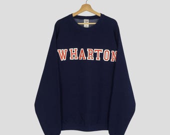 Vintage 90s Wharton Blue Sweatshirt Wharton University Spell Out Big Logo Sweater Wharton Crewneck Wharton College Athletic Pullover Size XL