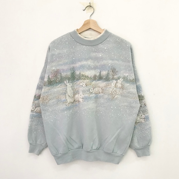 Vintage 90s Conejo Sudadera Gráfica Conejo Medio Sobreimpreso Floral Gráfico Suéter Conejo Animal Crewneck Conejo Jersey Jumper Tamaño M