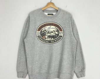 Vintage Moose Lake Lodge-sweater grijs medium Moose Lake Lodge trui Moose Lake grote gedrukte ronde hals Moose Lake Lodge Minnesota maat M