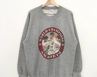 Sudadera vintage Y2K de Anaheim Angels gris, suéter grande con estampado de campeón mundial de Anaheim Angels, cuello redondo de Anaheim, equipo deportivo de Anaheim, talla L