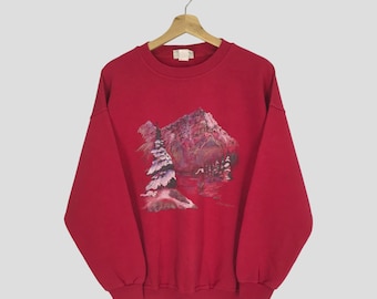 Vintage 90’s Northern Reflections Graphic Red Sweatshirt Large Northern Reflections Mountain View Snow Nature Animal Printed Sweater Size L
