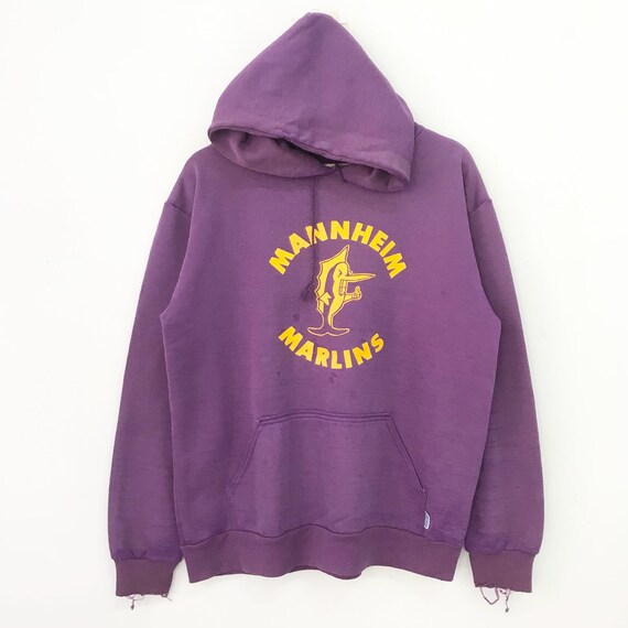 Vintage 90er Jahre Distressed Mannheim Marlins Lila Hoodie Groß