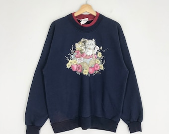 Vintage 90er Jahre Morgensonne Sweatshirt Blau Große Morgensonne Grafik Kitten Cat Floral Pullover Kitten Cat Flower Crewneck Art Pullover Size L
