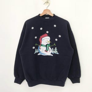 Vintage 90s Snowman Graphic Blue Sweatshirt Large Snowman Christmas Big Printed Sweater Snowman Winter Gift Crewneck Snowman Pullover Size L