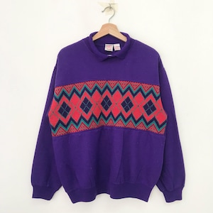 Vintage Retro Grafik Abstraktes Muster Tribal Ureinwohner Lila Sweatshirt Groß Eingeborene Schlichte Kunst Bunte Pullover Azteken Navajo Pullover Größe L