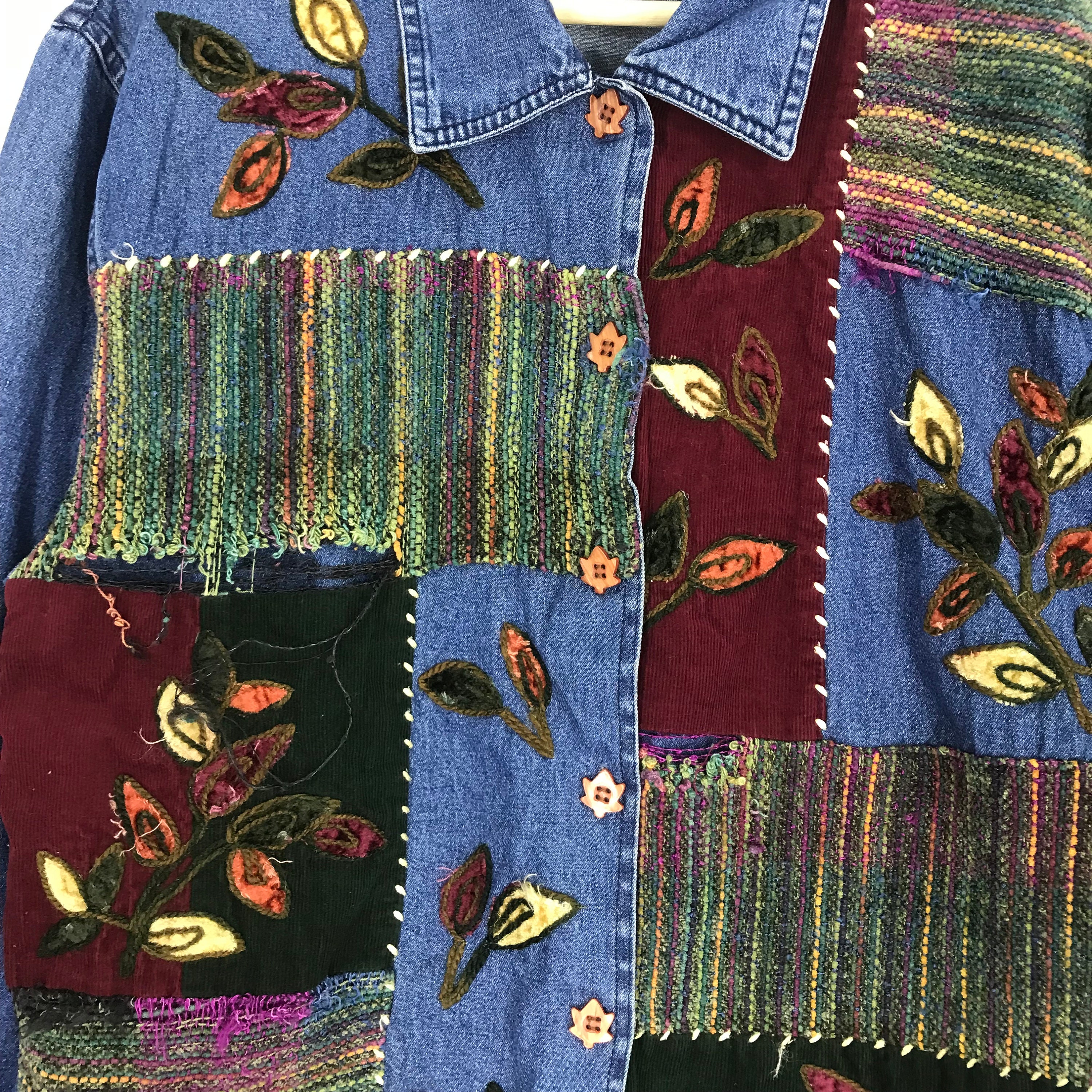 Vintage 90s Denim Jeans Jacket Women Floral Style Patchwork