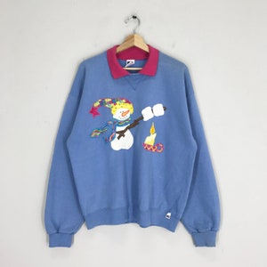 Vintage 90s Graphics Snowman Christmas Xmas Sweatshirts Blue Merry Christmas Snowman Crewneck Embroidery Snowman Pullover Jumper Size L