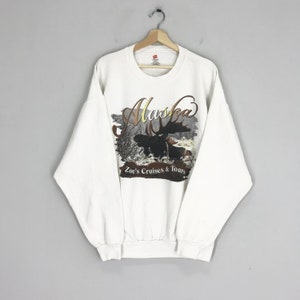 Vintage Alaska Sweatshirt Alaska Moose Art Animal Graphic Alaska crewneck white sweatshirt Alaska Habitat Pullover Jumper Size XL