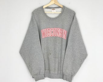 Vintage Wisconsin State Usa Sweatshirt Wisconsin Sweater Gray Wisconsin State Crewneck Big Logo Wisconsin University Pullover Jumper Size XL