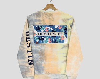 Vintage Y2K Destin Tie Dye Sweatshirt Small Destin City Florida Beach Printed Sweater Souvenirs Crewneck Destin Florida Pullover Size S