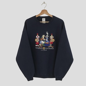 Vintage Warner Bros Studio Cartoon Moletom Azul Grande Looney Tunes And Friend Desenho Animado Bordado Logotipo Suéter Pulôver Jumper Tamanho L
