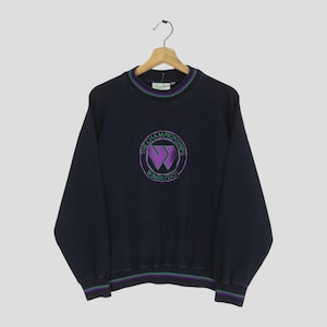 Moletom vintage azul Wimbledon, tamanho médio, com logotipo bordado, para o campeonato de tênis Wimbledon, gola redonda, tamanho M