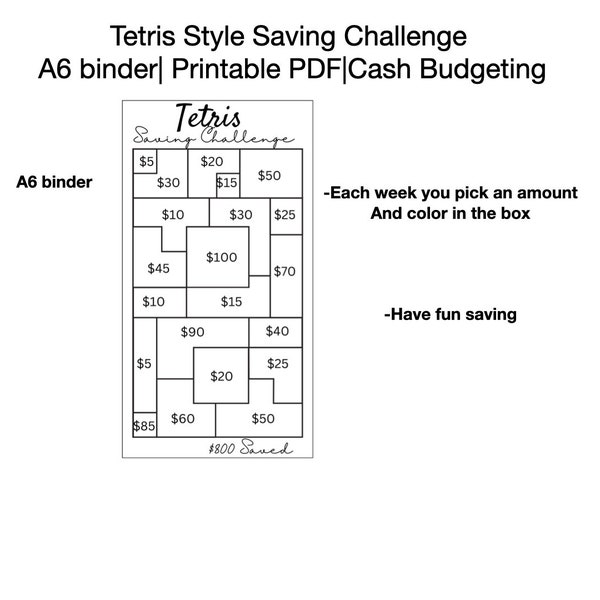 Tetris Saving Challenge Printable PDF Budgeting Cash Budgeting A6 Budget Binder Saving Weekly Saving Stack Your Saving for Financial Success