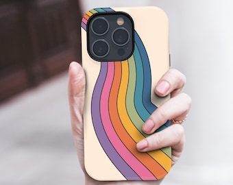 Rainbow Stripes Custom iPhone 14 13 12 Pro Max Mini Tough Case, Colorful Retro iPhone 11 Cover, Aesthetic iPhone X XS Max XR Slim Snap Case