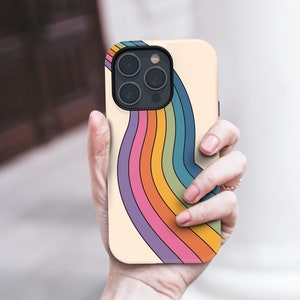 Rainbow Stripes Custom iPhone 14 13 12 Pro Max Mini Tough Case, Colorful Retro iPhone 11 Cover, Aesthetic iPhone X XS Max XR Slim Snap Case