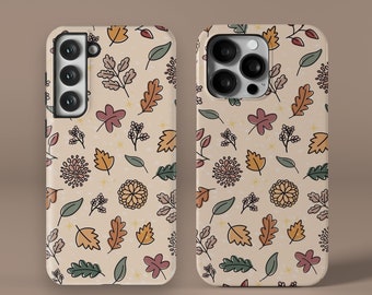 May include: Two phone cases with a beige background and a pattern of leaves, flowers, and stars in shades of brown, orange, red, and green.