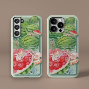 Kaninchen Schwimmen in Wassermelonen Pool Handyhülle, Sommer Handyhülle Magsafe, Cartoon Aquarell Liebhaber Geschenk für iPhone 15 14 13 Samsung S24 S23