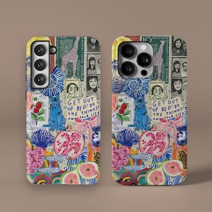 May include: A colorful phone case with a collage of images, including a giraffe, a cat, fruit, and the text "Get out of bed! Do the things! Own your life."