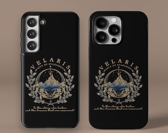 May include: Black phone cases with a gold and blue design. The design features the text "VELARIS - CITY OF STARLIGHT" in a circular frame with a mountain scene and the text "To the stars who listen and the dreams that are answered."