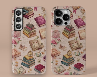 Vintage Buch Muster MagSafe Handyhülle, Vintage Literary Weiß Trendy iPhone 15 14 13 12 11 Pro Max Galaxy S24 S23 S22 Hülle