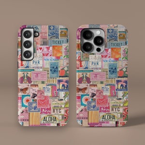 Étui pour téléphone MagSafe avec collage de timbres vintage, étui pour Samsung Galaxy S24 S23 S22 FE Ultra Preppy rétro pour iPhone 15 14 13 12 11 Plus Pro Max
