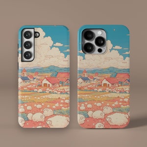 Sheep Village iPhone MagSafe 15 14 13 12 11 X Pro Max Plus Mini funda de teléfono, animación de dibujos animados ovejas Samsung Galaxy S24 S23 S22 S21 FE Ultra