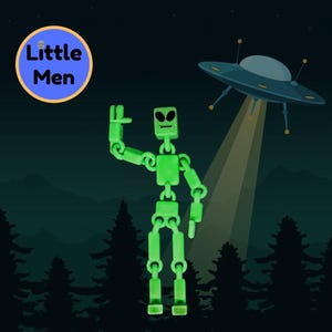 May include: A green articulated toy alien figure with a UFO in the background. The alien is waving with its right arm. The text "Little Men" is in a blue circle in the top left corner of the image.