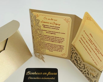 Invitations Carte RSVP Invitations de mariage luxueuses Invitations de poche Mariage découpé au laser Feuilles doré Laser Pocket