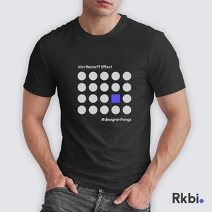 Könnte beinhalten: Ein schwarzes T-Shirt mit einer weißen Grafik eines Kreises mit einem blauen Kreis in der Mitte. Der Text "Von Restorff Effect" und "#designerthings" ist unter der Grafik aufgedruckt.