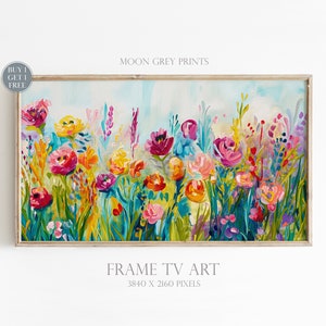 Bunte Blumenrahmen TV Kunst, lebendiges abstraktes botanisches Wildblumenfeld Ölgemälde, helles Blumensommer Wohnzimmer Dekor TV Bild