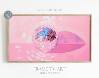 Frame TV Art, Silver Disco Ball Maximalist Painting, Dopamine Mirror Ball Girly Picture, Preppy Living Room Decor, Bright Pastel Pink TV