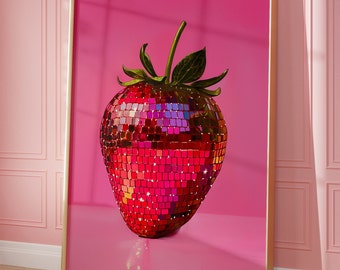 Printable Wall Art, Strawberry Disco Ball Maximalist Painting, Dopamine Dining Room Preppy Food Poster, Mirror Ball Girly Kitchen Print