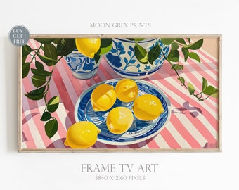 Still Life Frame TV Art, Colorful Nostalgic Italian Lemon Vintage Oil Painting, White Blue Porcelain Mediterranean Lemons Summer TV Picture