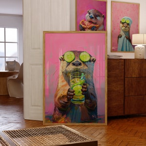Utskrivbar väggkonst, oljemålning med maximalistisk utter och cocktail, barposter med djurmotiv, färgglad trendig kökstryck, matrumsinredning