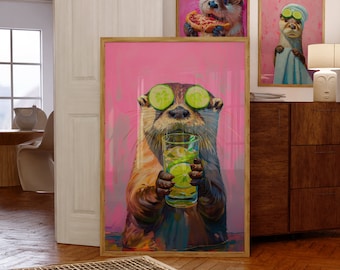 May include: Three framed art prints featuring otters. One otter wears cucumber slices over its eyes and holds a drink. Another eats pizza, and the third wears a towel and cucumber slices. The background is pink.