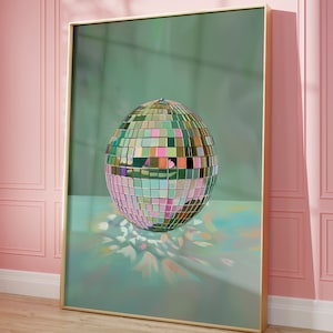 Dopamine Printable Wall Art, Disco Ball Maximalist Painting, Soft Green Poster, Trendy Living Room Decor, Colorful Mirror Ball Preppy Print