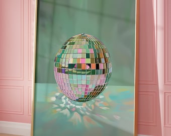 Dopamine Printable Wall Art, Disco Ball Maximalist Painting, Soft Green Poster, Trendy Living Room Decor, Colorful Mirror Ball Preppy Print
