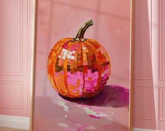 Arte murale stampabile, dipinto massimalista con palla da discoteca di zucca, poster da cucina di Halloween con dopamina, stampa rosa preppy autunnale spettrale con palla da specchio