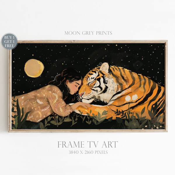 Boho Frame TV Art, Tiger And Girl Oil Painting, Starry Night Bohemian Illustration, Summer Animal Dark TV Picture, Preppy Living Room Decor