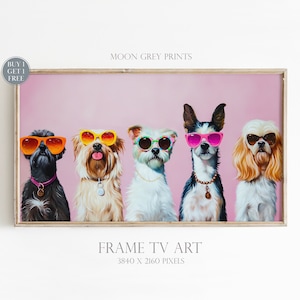 Dopamine Summer Frame TV Art, Cute Dogs In Sunglasses Maximalist Oil Painting, Funny Pet Colorful Picture, Bright Pastel Preppy Pink TV