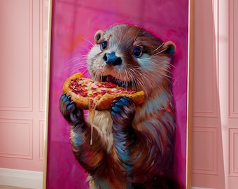 Printable Wall Art, Cute Otter Eating Pizza Maximalist Oil Painting, Dopamine Dining Room, Colorful Trendy Kitchen Print, Vivid Food Poster