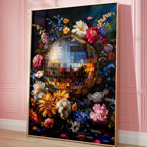 Levendige afdrukbare muurkunst, discobal maximalistisch schilderij, gewaagde eclectische botanische print, kleurrijk dopaminedecor, blauwe trendy kitschposter