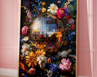 Vivid Printable Wall Art, Disco Ball Maximalist Painting, Bold Eclectic Botanical Print, Colorful Dopamine Decor, Blue Trendy Kitsch Poster