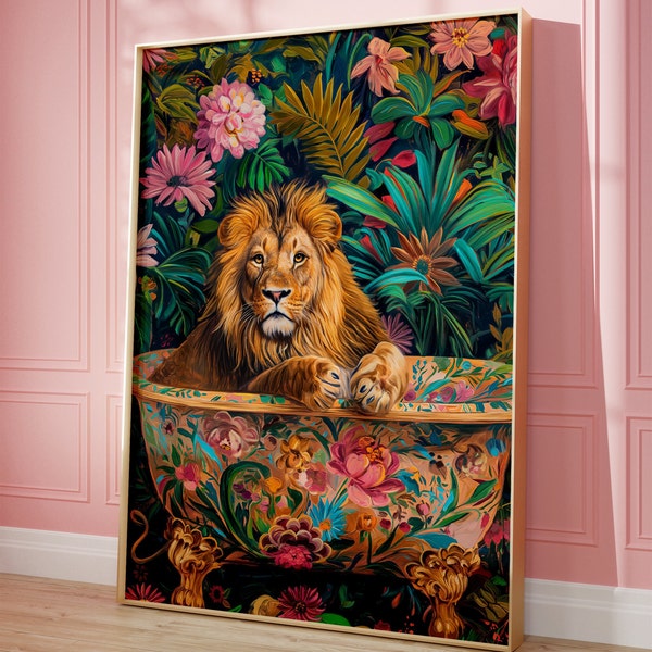 Bathroom Wall Art, Lion In A Bathtub Vivid Maximalist Oil Painting, Colorful Printable Dopamine Artwork, Kitsch Aesthetic Trendy Decor Print