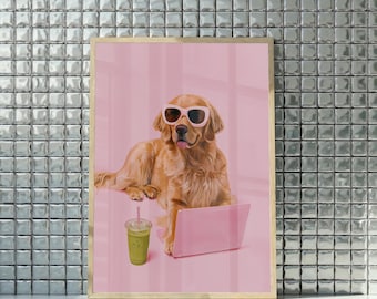 Golden Retriever Wall Art, Pink Office Decor, Matcha Dog Poster, Home Office Wall Art, Cute Dog Print, Dopamine Decor, Gift for Dog Lover