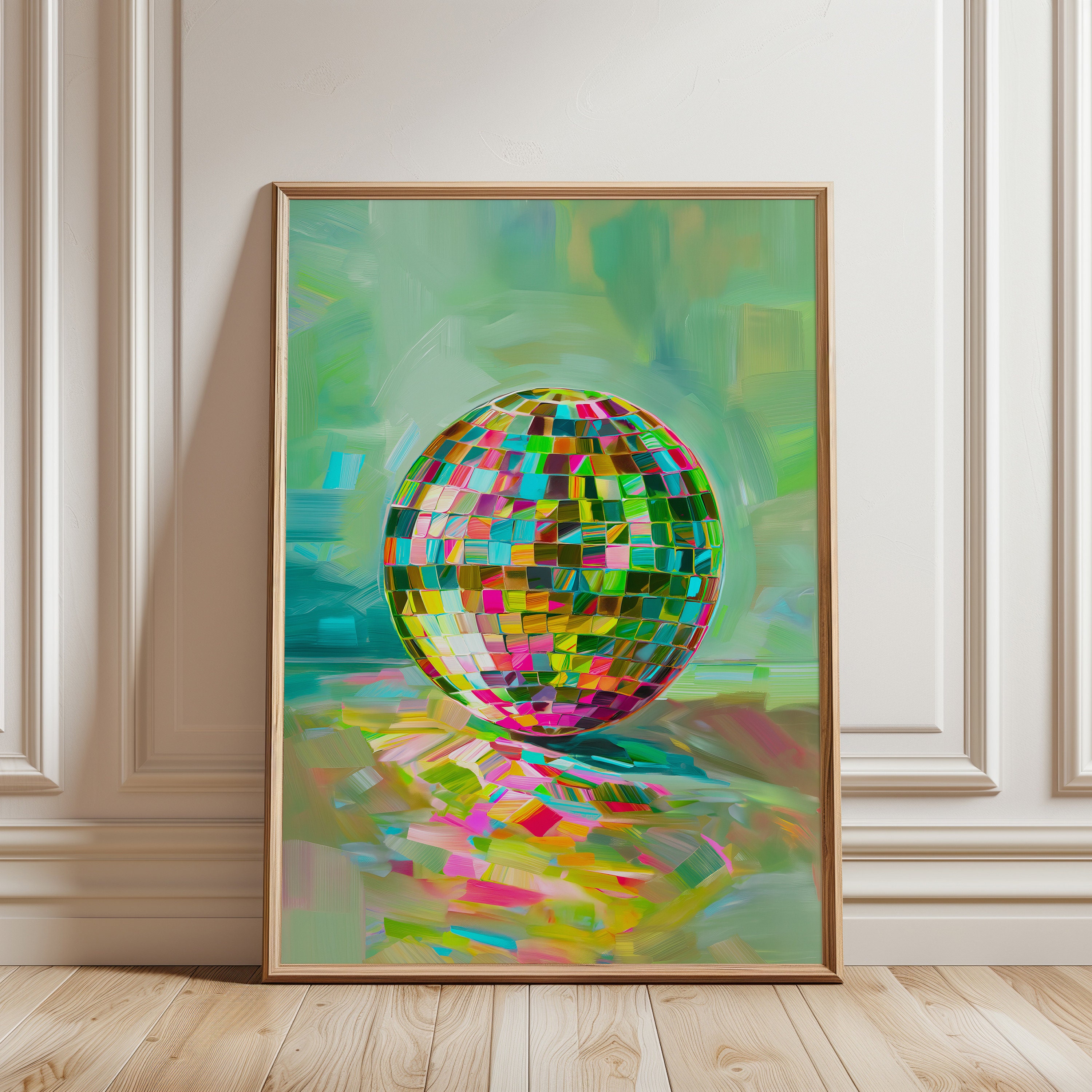 Dopamine Printable Wall Art, Disco Ball Maximalist Painting, Neon Green Poster, Trendy Living Room Decor, Colorful Mirror Ball Preppy Print